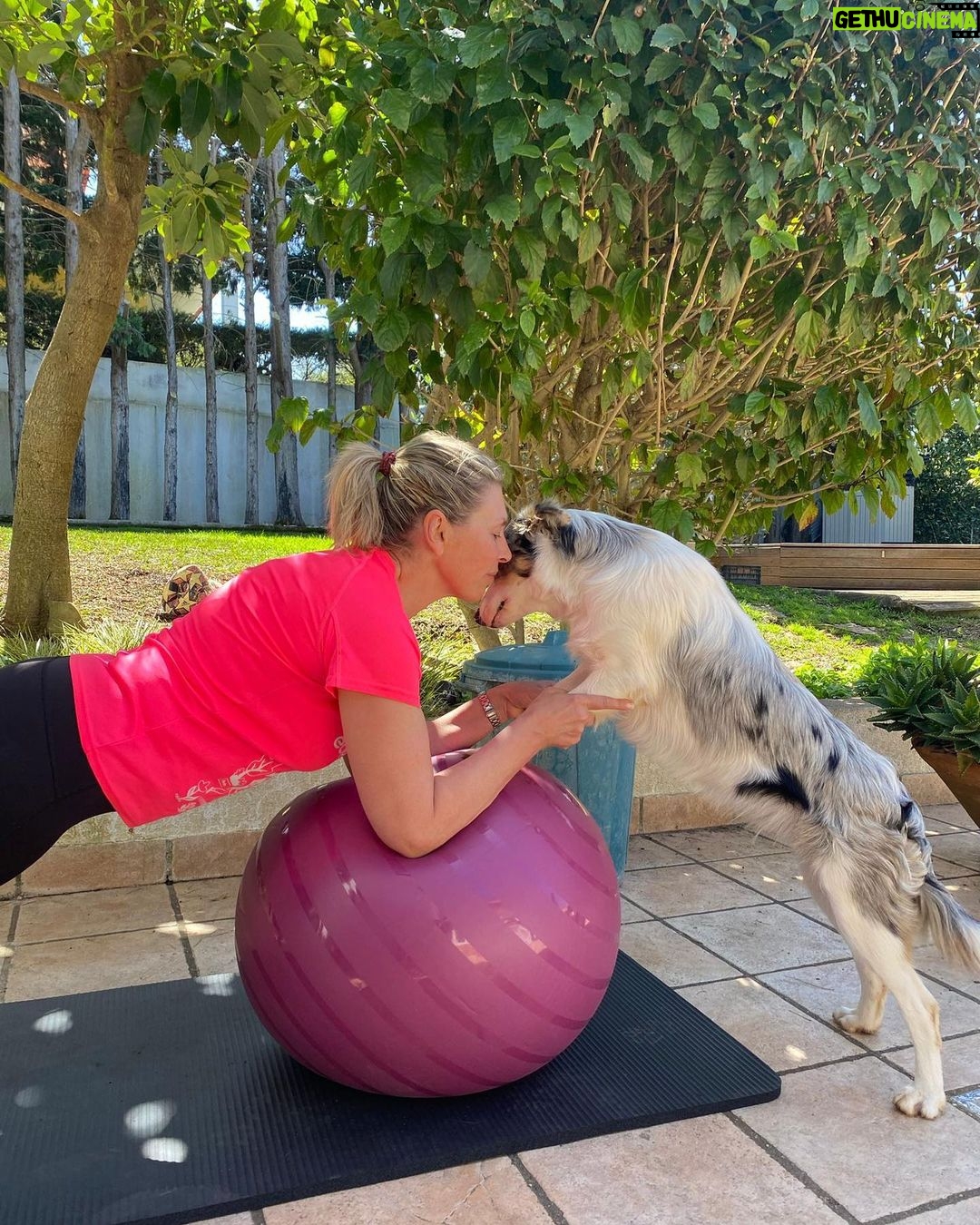 Clara de Sousa Instagram - Prancha ventral na bola, a dois, com @lucky.blue.eyes . A ganhar músculo 😅🐾💪 📸 @ritasantos_personal_trainer