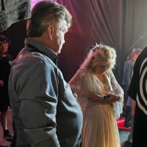 Clare Bowen Instagram - @carolsbycandlelight_aus rehearsal day behind the scenes chaos series. Also the day @brandonrobertyoung became best friends with the illustrious @themarciahines, and we deduced that @pattinewtonofficial came off the same (very limited edition) height production line as @dollyparton. 👯‍♀️✨ Thank you @harlowlovesdaisyofficial for Clare’s gorgeous rehearsal day ballgown! Nothing like a hand restored century old silk skirt to make a three hundred year old faerie feel extra everything.. ♥️🕯️✨

#carolsbycandlelight #visionaustralia #rehearsal #bts #harlowlovesdaisy #magnoliapearl #timothyjamesbowen #pattinewton #marciahines #clarebowen #brandonrobertyoung #bowenyoung #melbourne #nashville #chaos #allsaints #americana #countrymusic #christmas