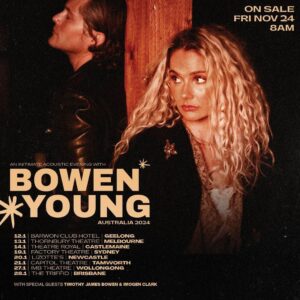 Clare Bowen Instagram - ✨❤️AUSTRALIA!❤️✨ We are utterly STOKED to be roaring back home this coming January with brand new music out, and more exciting announcements on the way! 🎉 Getting to come back and play for you feels like a dream, so we thought we’d bring you a series of shows that are unlike anything we’ve done in Australia before. 🔮✨ 

Come join us, @timothyjamesbowen & @imogenclarkmusic for a night of acoustic music, storytelling and all the good vibes. Can’t wait to see you there - we’ve got some catching up to do. 🌈🖤✨ Tickets available at bowenyoung.com this Friday. 

Big love,

BOWEN * YOUNG 

#bowenyoung #bowenyoungtour #australia #australiantour #americana #clarebowen #brandonrobertyoung #timothyjamesbowen #imogenclark #tour