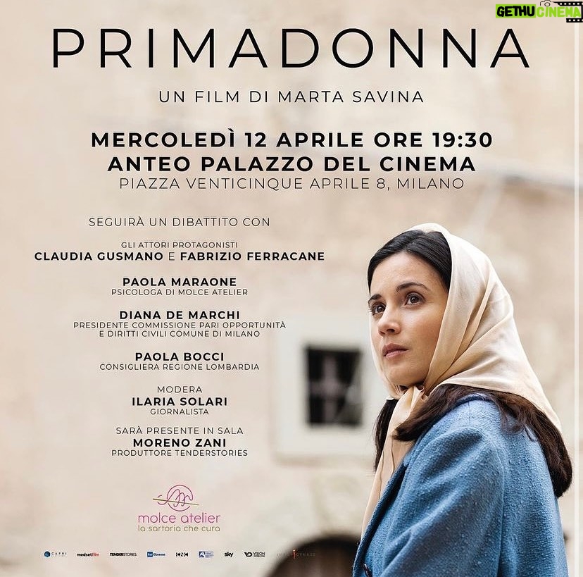 Claudia Gusmano Instagram - Mercoledì 12 aprile vi aspettiamo a Milano presso Anteo Palazzo del Cinema per la proiezione di #Primadonna in compagnia dell'associazione Molce Atelier - la sartoria che cura @molceatelier Seguirà un dibattito con gli attori protagonisti #ClaudiaGusmano e #FrabrizioFerracane, Paola Maraone (Psicologa di Molce Atelier), Diana De Marchi (Presidente della Commissione Pari Opportunità del Comune di Milano), Paola Bocci (Consigliera della Regione Lombardia), Moreno Zani produttore del film per @tenderstoriesproductions . Link per acquistare il tuo biglietto: http://spaziocinema.18tickets.it/film/18149?proj=e984bf06-7811-4d5b-a711-191da1c153e3 Prodotto da Capri Entertainment in coproduzione Italia-Francia con #MedsetFilm, in associazione con #Tenderstories in collaborazione con Rai Cinema, Vision Distribution, Sky ed è distribuito da Europictures.