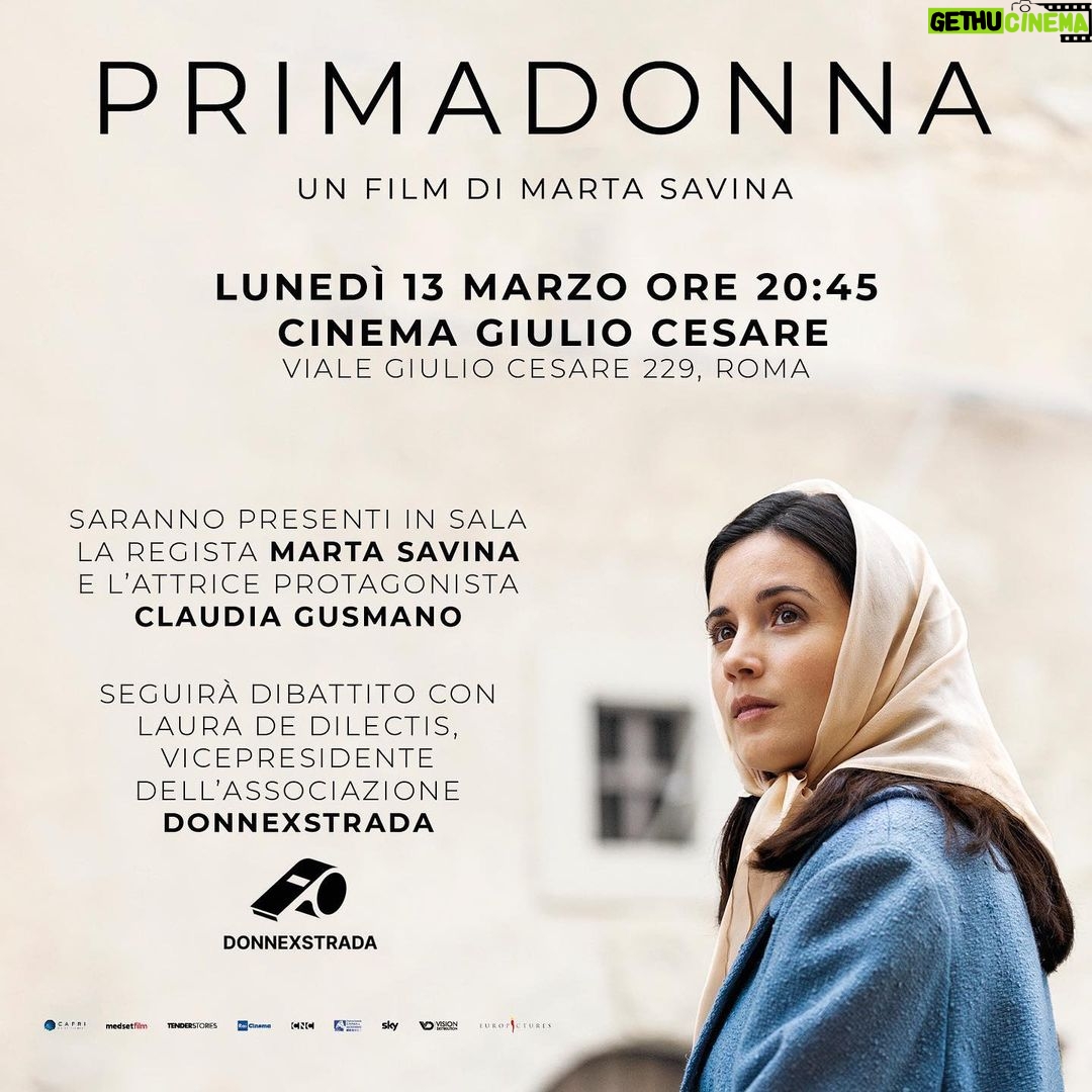 Claudia Gusmano Instagram - Lunedì 13 marzo vi aspettiamo a Roma presso il Cinema Giulio Cesare per la proiezione di #Primadonna in compagnia della regista Marta Savina e dell’associazione Donnexstrada. Ci sarò anche io ❤️ Vi aspettiamo ❤️ Prodotto da @caprientertainment in coproduzione Italia-Francia con #MedsetFilm, in associazione con @tenderstories in collaborazione con @rai_cinema, @visionfilmdistribution, @skyitalia ed è distribuito da Europictures. Per le prevendite link in BIO.