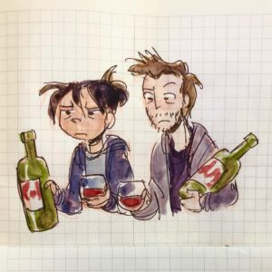 Clio Chiang Instagram - Monkey see, monkey do, a Happy New Year to you and YOU!! 

Wear a mask and stay safe!! BYE 2020
.
.
#bye2020 #goodriddance #wineoclock #newyears #watercolor #ballpoint