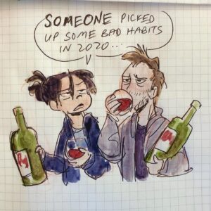 Clio Chiang Instagram - Monkey see, monkey do, a Happy New Year to you and YOU!! 

Wear a mask and stay safe!! BYE 2020
.
.
#bye2020 #goodriddance #wineoclock #newyears #watercolor #ballpoint