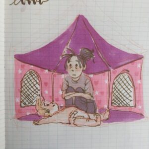 Clio Chiang Instagram - Day 11? 12? My toddler keeps farting in this plastic tent and making us sit in it with her.
.
.
.
 #parentlife #toddlerlife #ink #copic #marker #farts #isolation