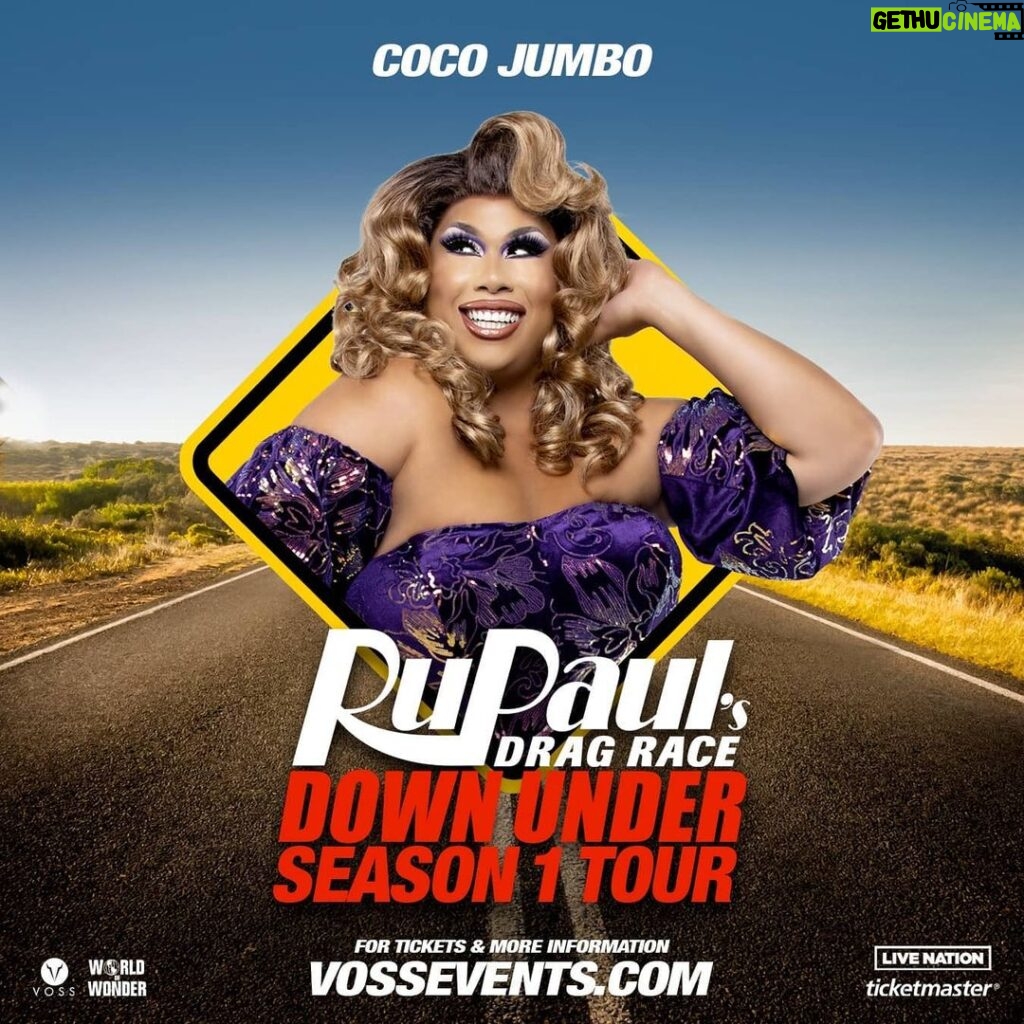Coco Jumbo Instagram - Not long now until the cast of #DragRaceDownUnder take to the stage! This September The Official Season 1 Tour will be coming to a city near you!! presented by @worldofwonder and @vossevents 🇦🇺🇳🇿 On sale now at VossEvents.com 💜💜💜