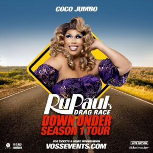 Coco Jumbo Instagram - Not long now until the cast of #DragRaceDownUnder take to the stage! This September The Official Season 1 Tour will be coming to a city near you!! presented by @worldofwonder and @vossevents 🇦🇺🇳🇿
On sale now at VossEvents.com 💜💜💜