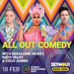 Coco Jumbo Instagram – I’m so excited to host “All Out Comedy” on the 18th of February at the @seymoursydney staring alongside @geraldinehickey and @nathvalvo you have one week left to get your tickets to our laughing fest!!!
To get tickets follow the link in the @seymoursydney Bio 💜