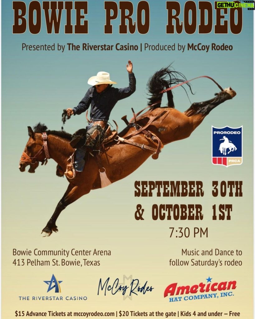 Cord McCoy Instagram - See y’all there!👍🏻 @americanhatco Bowie ProRodeo this weekend. - 158 @prca_prorodeo / WPRA Contestants - Dance after - Advance tickets at McCoyRodeo.com Bowie, Texas