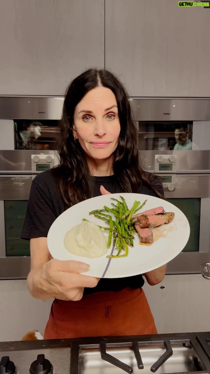 Courteney Cox Instagram - The best steaks ever! Thanks to my friend @Brandicarlile New York or Ribeye steaks -Room temp -Olive oil (love truffle) -Coarse salt and pepper -A dusting of brown sugar -Fine ground black coffee or espresso - grill 2-3 minutes per side Mashed cauliflower - heads of cauliflower - cream cheese - butter - white pepper - salt Asparagus - lawry’s garlic salt - olive oil