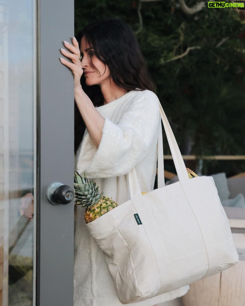 Courteney Cox Instagram - The @homecourt Tote is out! Originally designed as a cleaning caddy but is perfect for the beach, farmer’s market, traveling and so much more. And the best part is…it’s sustainably manufactured with @thenewdenimproject using upcycled materials!