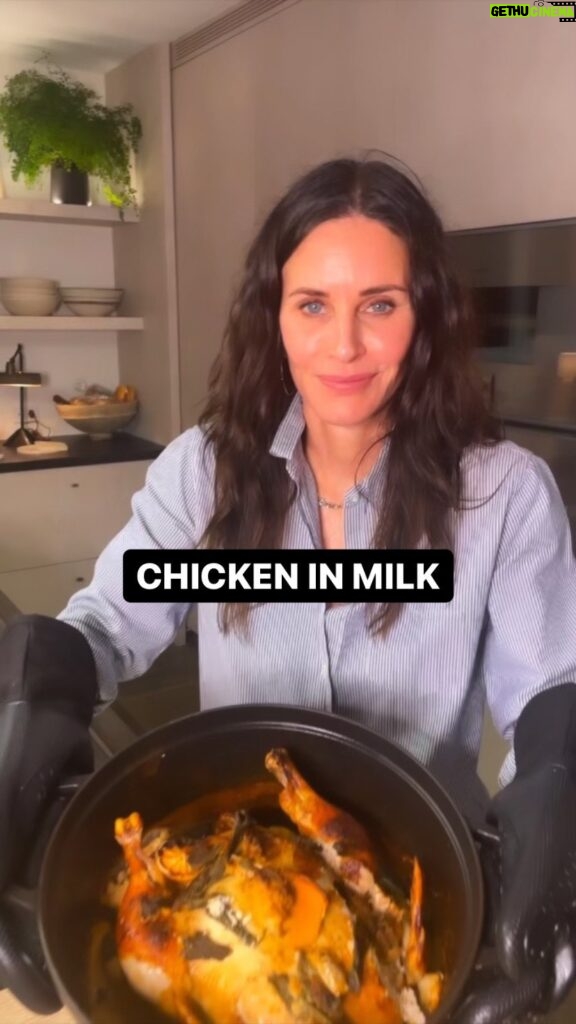 Courteney Cox Instagram - Chicken in Milk with sage and citrus (so good) Thanks @jamieoliver xx Also check out his new book: Together #jamiesTogether •3.5 lb free-range whole chicken •(almost) one stick of unsalted butter olive oil •½ a cinnamon stick •1 bunch of fresh sage, leaves picked •2 lemons •10 cloves of garlic •2 1/3 cups milk 1. Preheat the oven to 375 and find a snug-fitting pot for the chicken. 2. Season the chicken generously with sea salt and black pepper, and fry it in the butter and a little oil, turning regularly to get an even color all over. 3. Remove from the heat, put the chicken on a plate, and throw away the oil and butter left in the pot. This will leave you with sticky goodness at the bottom of the pan for a caramelly flavor later on. 4. Put the chicken back in the pot with the rest of the ingredients (speed-peel the lemon zest and leave the garlic cloves unpeeled), and cook in the preheated oven for 1 hour 30 minutes, basting with the cooking juice when you remember. The lemon zest will sort of split the milk, making an amazing sauce. 5. To serve, pull the meat off the bones and divide between plates. Spoon over plenty of juice and the little curds. Delicious served with wilted spinach or greens and some mashed potato. #courteneycoox