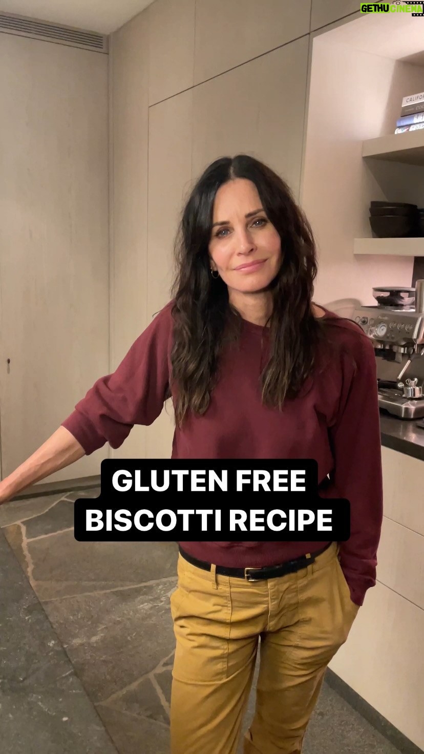 Courteney Cox Instagram - I don’t know what happened to me but I got real serious about these biscottis. Biscotti Recipe (gluten free) •3 cups + 2 tablespoons flour (2 cups + 1 tablespoon gluten free flour and 1 cup + 1 tablespoon almond flour) •1 cup cane sugar •1 cup vegetable oil (i.e. Wesson) •3/4 bag of really good chocolate chips •1 teaspoon baking soda •1 tablespoon of vanilla (I use the Madagascar vanilla bean syrup) •3 eggs •2-3 shakes of course sea salt •1/2 cup sugar and 1 teaspoon cinnamon to sprinkle on top before baking Preheat oven to 350. Mix all ingredients in a bowl. Take a rectangular baking sheet with lip and make 3 loafs 3” wide using the width of the pan. Sprinkle cinnamon sugar mixture over top. Bake roughly 20 mins or until the cookies are golden brown. Remove from oven, let cool 5 minutes and then cut the cookies on an angle. Place them on their sides and put back into oven for 10 minutes (or for 5 minutes, then turn off oven and let stay for as long as you can leave them. This is the way I do and I find that the cookies are super crispy). Thanks Julianne Phillips ♥️ #courteneycoox