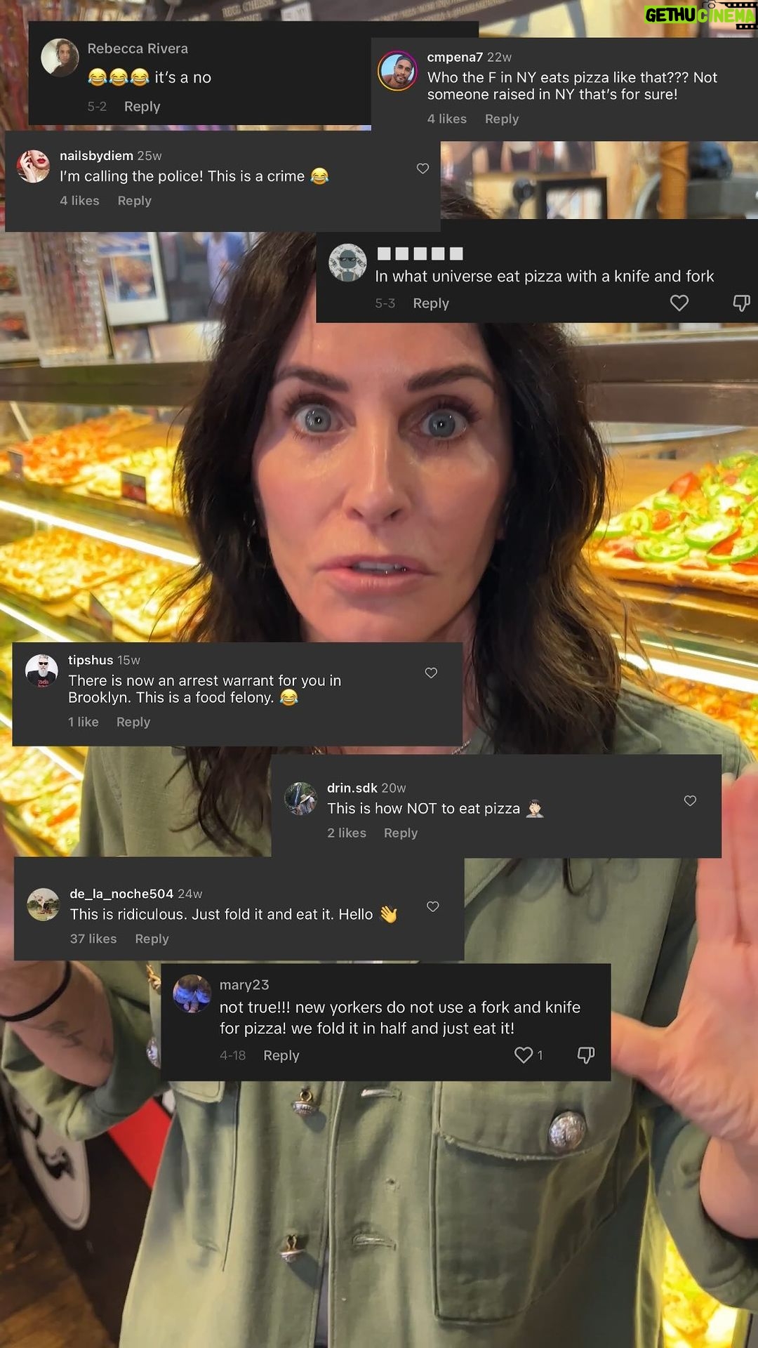 Courteney Cox Instagram - You fold it, you eat it. Got it. Just jokin around 🗽🍕🤷🏻♀️