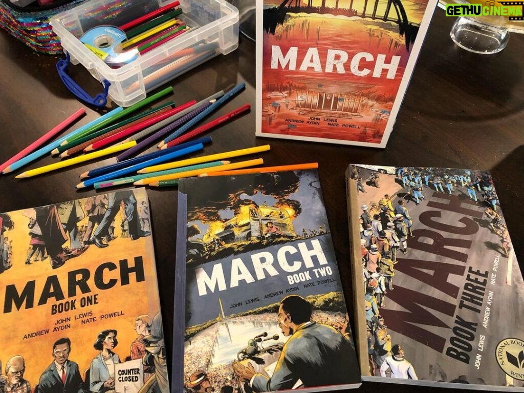 Courtney Ford Instagram - Just started Book Three yesterday as part of our social studies homeschool curriculum. Please pick up a copy if you haven’t already. March is an incredible graphic novel trilogy about the Civil Rights Movement as told first-hand by John Lewis. It is his personal story, beginning with his childhood in Alabama, all the way through meeting Dr. King, and the Civil Rights Movement of the 60’s. Pick it up and teach your kids about some #goodtrouble 📚