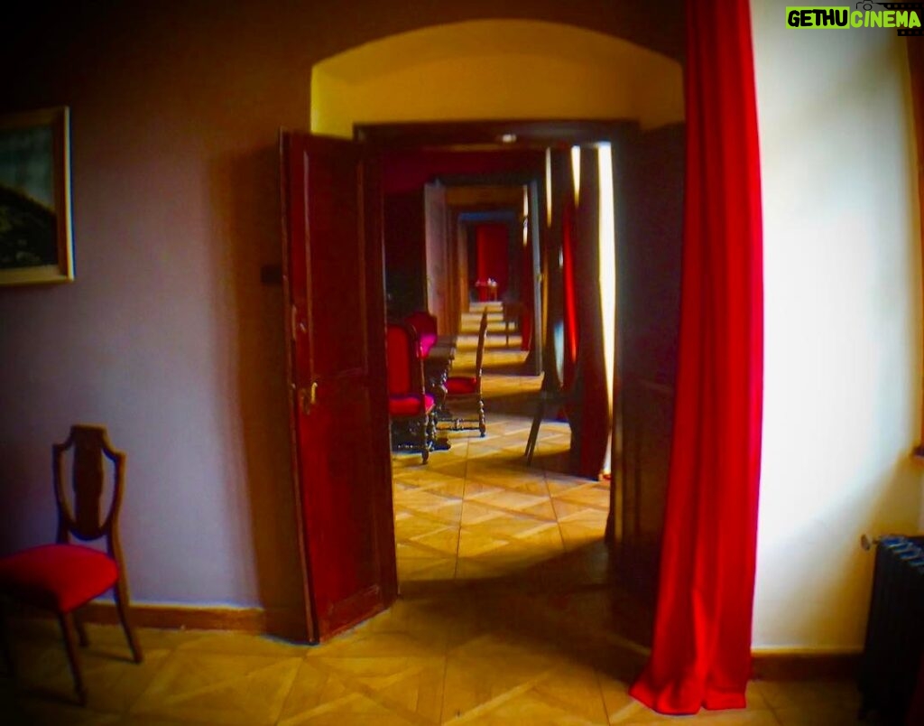 Crispin Glover Instagram - Looking back from the end bedroom, which is now being renovated, can be seen through the red salon, through the salon with the wallpaper from the 1700's, through the blue entry salon, and finally to the master bedroom. Zamek Konarovice Czech Republic