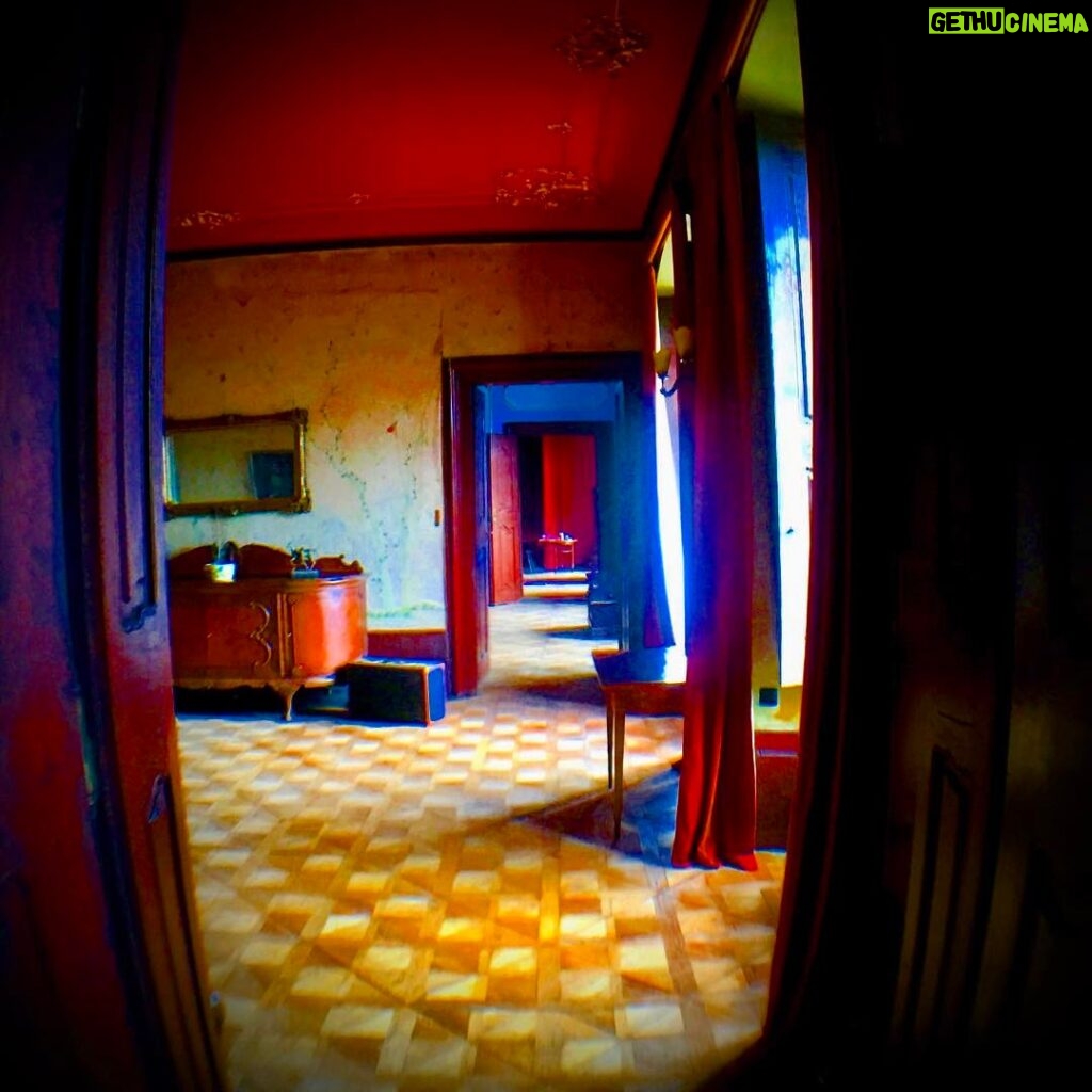 Crispin Glover Instagram - Looking back through the salon with wallpaper from the 1700's the blue salon and the master bedroom are visible. Zamek Konarovice Czech Republic