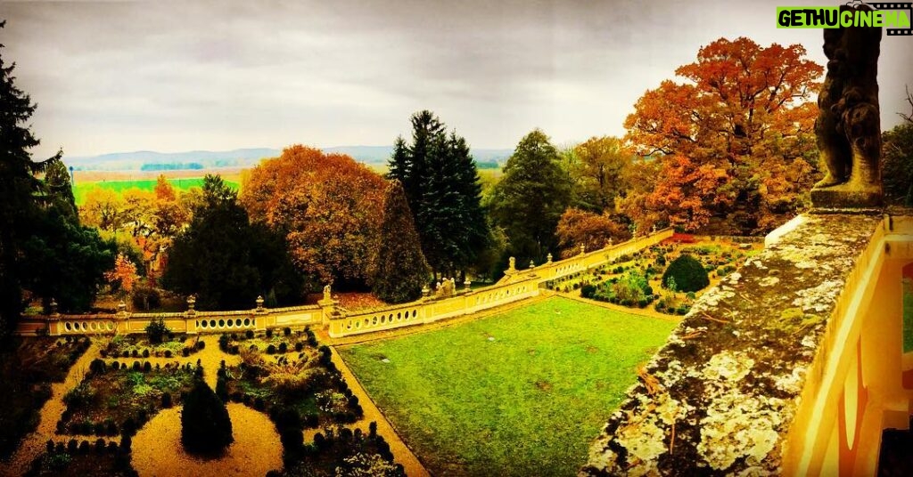 Crispin Glover Instagram - From the master bedroom the terrace looks on to the parterre garden. The reconstructed balustrade, statues and the parterre itself all look quite different from 13 years ago. Zamek Konarovice Czech Republic