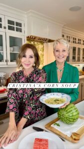 Cristina Ferrare Instagram - The yummiest Corn Soup from @cristinacooks 🌽 so delicious and comes together in a flash. Sadly we did an Instagram live today and it was so much fun and then it disappeared into the Instagram ether 🫣can’t find it, can’t post it, so bummed about that…let us know if you’d like us to do another live some time-or if you prefer the reels. - CORN SOUP: INGREDIENTS 5 ears of fresh corn in the husks 3 Tablespoons extra-virgin olive oil  2-medium leeks 8 scallions, set aside 3 scallions 2 Tablespoons dry Sherry 1 quart of organic vegetable broth 1-1/2 cups organic coconut cream 1 teaspoon kosher salt and cracked pepper INGREDIENTS FOR THE GARNISH 1 small jalapeno, sliced thin Sliced scallions  Red pepper chili flakes Extra virgin olive oil  Balsamic glaze (available at food markets and Amazon) finely chopped basil, Italian parsley and chives DIRECTIONS Heat a medium size stockpot over medium high heat for 30 seconds. Add olive oil, leeks, and cut up scallions. Sauté for five minutes.  Add the sherry, remaining corn kernels, salt, pepper and mix well.   Add the vegetable stock, coconut cream, stir. Now add those three corn cobs you set aside. Cover with lid and bring to a boil, lower heat and simmer 30 minutes. Remove corn cobs.  Pour the soup into a blender and blend for one minute until smooth and creamy. Add the 1-1/2 cups of the fresh corn kernels...serve hot or cold top with garnishes.  #cornsoup #soup #freshcorn #foodreels #cristinacooks #lisabreckenridge #happilylisa #homecooking