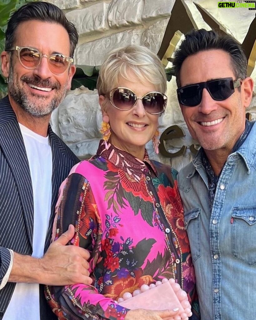 Cristina Ferrare Instagram - Me and my twinzzzzzzzzzz @lawrencezarian @gregoryzarian we enjoyed lunch together @avrabeverlyhills we laughed, cried, and ate way too much, which was outstandingly delicious:) It filled my heart to be with both of them! They call me mom and I don’t take that lightly ❤️we share a rich long history together! Next lunch or dinner I will be preparing the feast for my boys! Yes Im still wearing the same @farmrio blouse I’m obsessed with it, lol! Opa!!! #avrabeverlyhills #greekfood #family #twins #cultgaia #fendisunglasses #oscardelarentajewelry