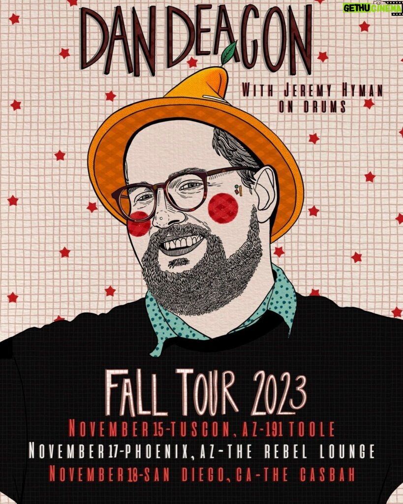 Dan Deacon Instagram - Concert goers! I’m performing at these concerts in November (11th month of the year) with @jer_hy on drums. Come see these concerts please. Tell your concert going pals and come be at the concert with them. Concert tickets for the concerts on sale now (buy them) Thank you. . Concert Poster for these concerts by @sarahmanleyart