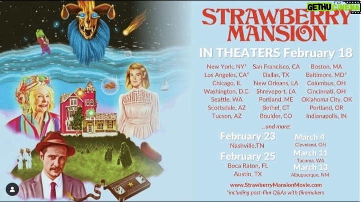 Dan Deacon Instagram - Strawberry Mansion! Theatrical release is next week! 40+ cities and counting! Ticket link is bio. Get tickets now! This movie rules and I love it! It was great collaborating with so many dear friends and artists I admire. Some exciting news about the soundtrack also coming VERY soon! @strawberrymansionmovie