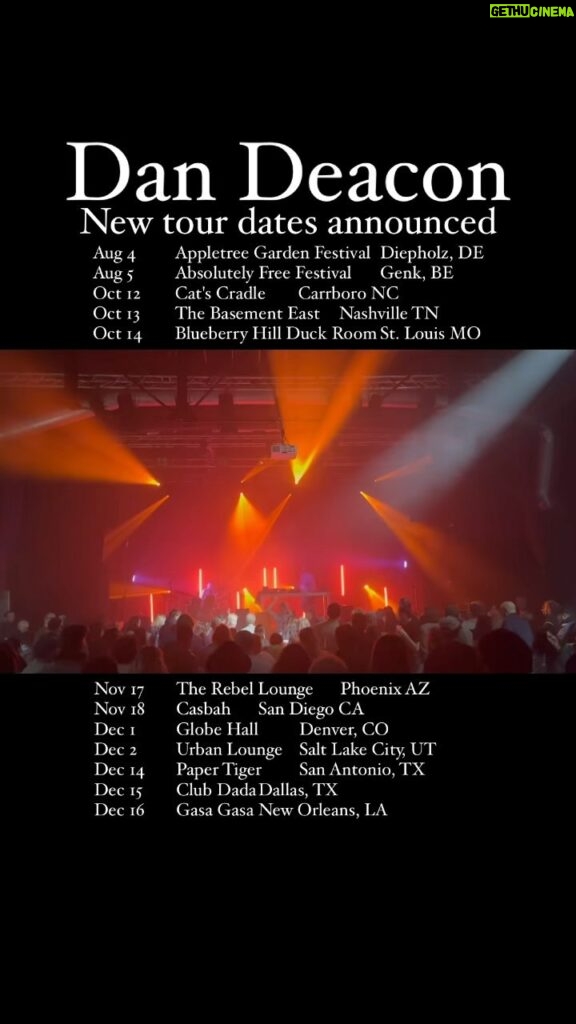 Dan Deacon Instagram - Tour announcement! I’ve got some shows to announce including 2 this weekend at festivals in Germany and Belgium! US shows go on pre-sale tomorrow and general on-sale Friday. LINK IN BIO FOR TICKET LINKS I’ve been pretty busy writing music and fucking suck at social media/website stuff so I didn’t update my website anything but I did make a spreadsheet of the pages and publish that to the web. It’s the peak of my web programming skills. All shows with the @jer_hy on the drums! Aug 4 Appletree Garden Festival Diepholz, DE Aug 5 Absolutely Free Festival Genk, BE Oct 12 Cat’s Cradle Carrboro NC Oct 13 The Basement East Nashville TN Oct 14 Blueberry Hill Duck Room St. Louis MO Nov 17 The Rebel Lounge Phoenix AZ Nov 18 Casbah San Diego CA Dec 1 Globe Hall Denver, CO Dec 2 Urban Lounge Salt Lake City, UT Dec 14 Paper Tiger San Antonio, TX Dec 15 Club Dada Dallas, TX Dec 16 Gasa Gasa New Orleans, LA
