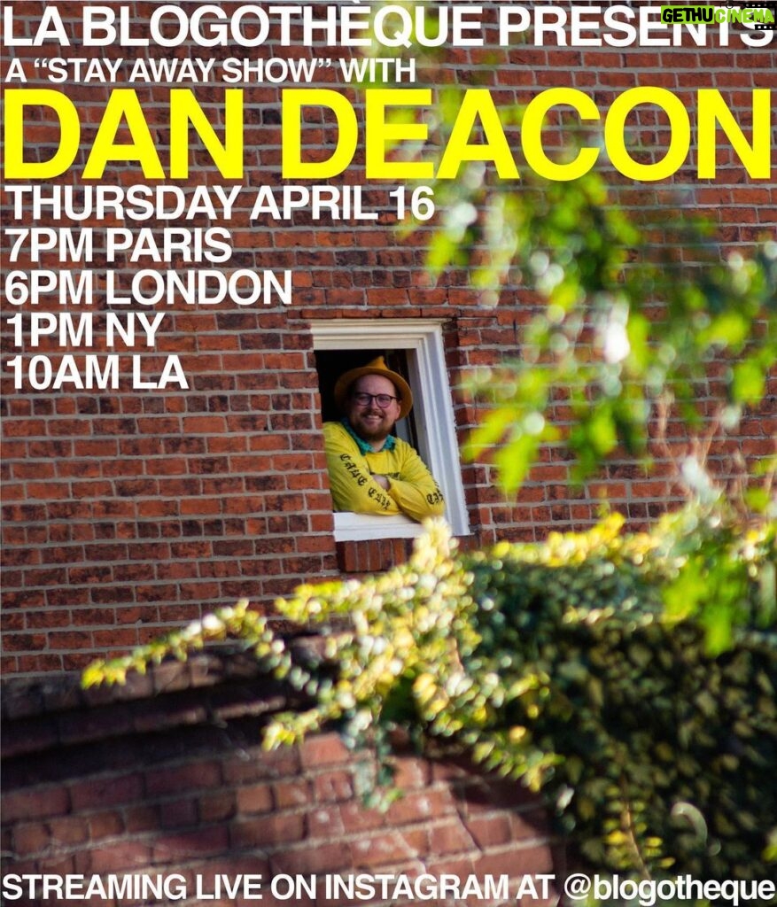 Dan Deacon Instagram - Hi! I’m doing a live stream tomorrow at the @blogotheque Instagram page....... Since the Mystic Familiar tour got put in hold last month I’ve been quietly hibernating at home, feeling the heavy feelings of this situation. I’m really glad Blogotheque asked me to do this live stream on their Instagram. I haven’t unpacked my equipment since tour got put on hold. This livestream has given me a nice motivator to shake off the dust and start the gears moving again. If it goes well I hope to do more of them. If it doesn’t go well I hope to learn from it and then do more of them. It’s on at 1pm Baltimore/NYC time a nd other times are listed on the flyer in the second photo. Photo by the talented kindhearted @micahewood Baltimore, Maryland