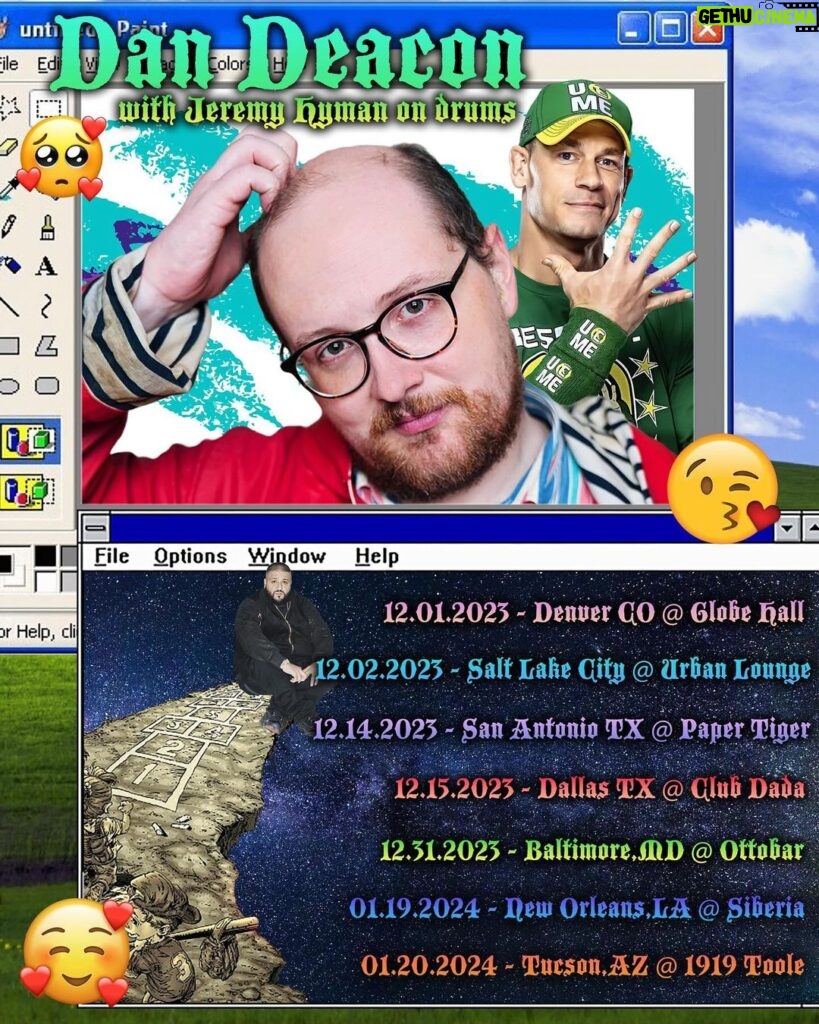 Dan Deacon Instagram - Hi! Here’s a list of my upcoming shows starting this weekend with a sold out show in Denver and Saturday in SLC! 🏔️ 12.01.2023 Fri Denver CO Globe Hall (sold out) 🏔️ 12.02.2023 Sat Salt Lake City UT Urban Lounge 🏔️ 12.14.2023 Thu San Antonio TX Paper Tiger 🏔️ 12.15.2023 Fri Dallas TX Club Dada 🏔️ 12.31.2023 NYE Baltimore MD Ottobar 🏔️ 01.19.2024 Fri New Orleans LA Siberia (new date and venue!) 🏔️ 01.20.2024 Sat Tucson AZ 191 Toole (new date!) 🏔️ Image by @selfies_food_and_pets
