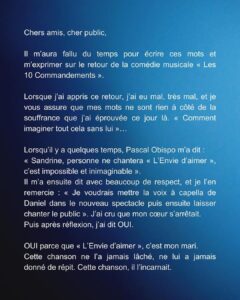 Daniel Lévi Instagram - Ces quelques mots écrits avec mon cœur pour répondre à vos questions au sujet de la nouvelle aventure des Dix commandements et vous dire aussi combien cet amour et cette fidélité envers mon mari me touche profondément. Humilité, partage et amour font partis des plus grandes qualités de Daniel Lévi alors continuons à faire de même…