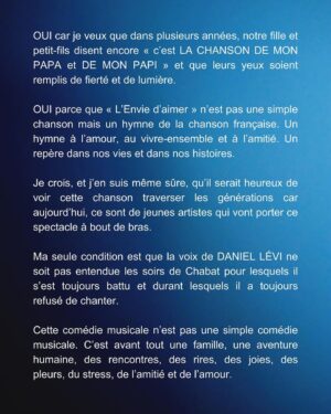 Daniel Lévi Instagram - Ces quelques mots écrits avec mon cœur pour répondre à vos questions au sujet de la nouvelle aventure des Dix commandements et vous dire aussi combien cet amour et cette fidélité envers mon mari me touche profondément.

Humilité, partage et amour font partis des plus grandes qualités de Daniel Lévi alors continuons à faire de même…