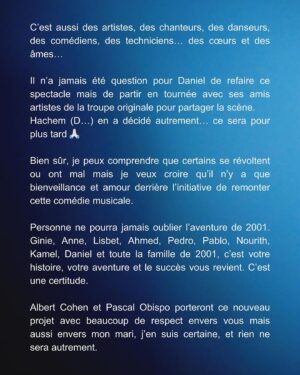 Daniel Lévi Instagram - Ces quelques mots écrits avec mon cœur pour répondre à vos questions au sujet de la nouvelle aventure des Dix commandements et vous dire aussi combien cet amour et cette fidélité envers mon mari me touche profondément.

Humilité, partage et amour font partis des plus grandes qualités de Daniel Lévi alors continuons à faire de même…