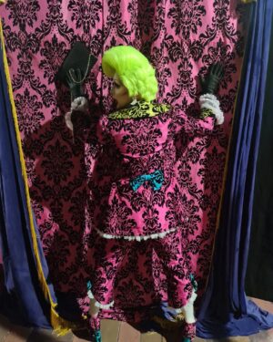 Daniel Wallace Instagram - Sometimes i like to blend in....It was Press night last night and i just couldn't resist popping on this lil number by @freakcouturemcr The curtains really do match the drapes!!!Can you believe i own a suit made from the same gorgeous material as the curtains that hang in Shantay Manor in @deathdropplay ?!
A lovely time was had and i now own the worst hangover everrrrrr to prove it!
Suit by @freakcouturemcr
Hair by @florencias_wigs
Gorgeous moon earringz by @wonderfullittleweirdos
Piccys by @applederrieres
#lovelytime #Curtain #wallflower #pink #green #drag #neon