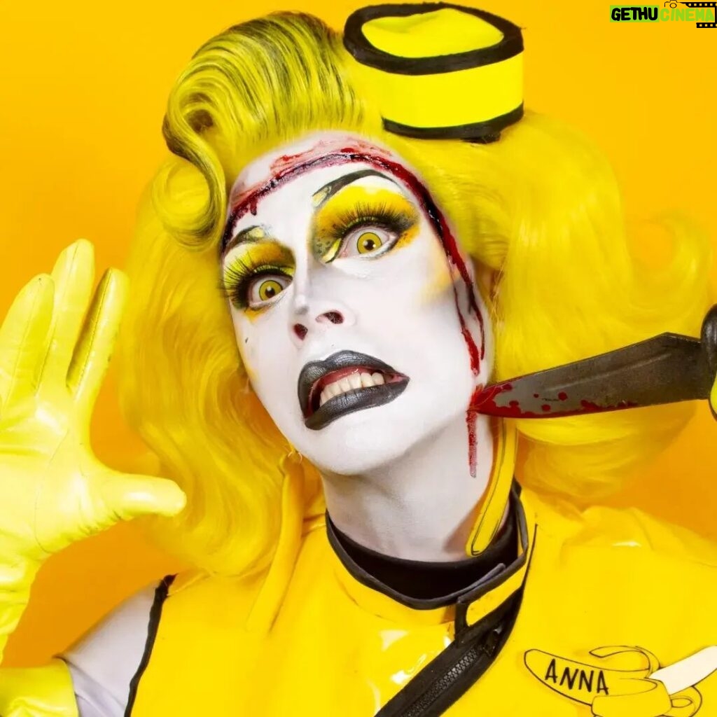 Daniel Wallace Instagram - Trash Can Kids ANNA BANANA For this floorshow I wanted to do a play on my own name and own drag aesthetic.And in Manchester I have a few friends that call me 'Anna Banana' so I thought this would be a cute homage to that and also to the 80's trading cards. I wanted to be bright/cartoony but with a macabre twist. like a waitress serving up a banana split but eventually takes her own skin off.🍌 On paper I think the concept worked but in reality...well it just didn't. I've been putting a brave face on it(tehe)but this was a major fail. But... that happens sometimes in performance...things go wrong....this just happened to be on a massive platform *shudders* Anyhoo it's not how you fall but how you pick yourself (and your wig and face prosthetic)back up again. We all slip up sometimes right?!🤪 Muscle prosthetic by @ceridwen__xo 💛 Face prosthetic by me (with help from @florencias_wigs 🖤 Wig by @florencias_wigs 💛 Dress by @liquorice_black 🖤 Earrings and name badge by @shopfairlyodd 💛 Picture by @faketrashstudio 🖤 Los Angeles, California