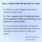 Danielle Robay Instagram - 𝐓𝐡𝐞𝐬𝐞 𝟏𝟓 𝐐𝐮𝐞𝐬𝐭𝐢𝐨𝐧𝐬 𝐰𝐢𝐥𝐥 𝐥𝐞𝐭 𝐬𝐨𝐦𝐞𝐨𝐧𝐞 𝐤𝐧𝐨𝐰 𝐲𝐨𝐮 𝐡𝐚𝐯𝐞 𝐭𝐡𝐞𝐢𝐫 𝐛𝐚𝐜𝐤. We all need support. Mental health check-ins included. In fact, Keith Ferrazi, author of the NYT bestselling book Never Eat Alone did a study for one of his subsequent books and asked Americans, “How many people have your back?” 50% of people said no one has their back. And 60% of those 50% were married. That is of course sad, but he saw it as an opportunity for all of us— 𝘄𝗵𝗮𝘁 𝗶𝗳 𝘄𝗲 𝗰𝗼𝘂𝗹𝗱 𝗯𝗲 𝘁𝗵𝗲 𝗸𝗶𝗻𝗱 𝗼𝗳 𝗽𝗲𝗼𝗽𝗹𝗲 𝘄𝗮𝗹𝗸𝗶𝗻𝗴 𝗮𝗿𝗼𝘂𝗻𝗱 𝘁𝗵𝗲 𝘄𝗼𝗿𝗹𝗱, 𝗽𝗲𝗼𝗽𝗹𝗲 𝘄𝗼𝘂𝗹𝗱 𝘀𝗮𝘆 𝗵𝗮𝘃𝗲 𝘁𝗵𝗲𝗶𝗿 𝗯𝗮𝗰𝗸? In honor of Mental health month, @laurelbox and I created a FREE digital download of 15 questions to ask if you are worried about a friend or unsure of how to support someone you love going through a hard time. It will help you connect with your friend in two parts: 1) find out if your friend is ready to talk about their struggle. 2) if they are, ask heartfelt and supportive questions. It’s designed to be saved as a photo to your phone so you can quickly access it whenever the need arises. 💚 • • • • #mentalhealth #mentalhealthawareness #mentalhealthmatters