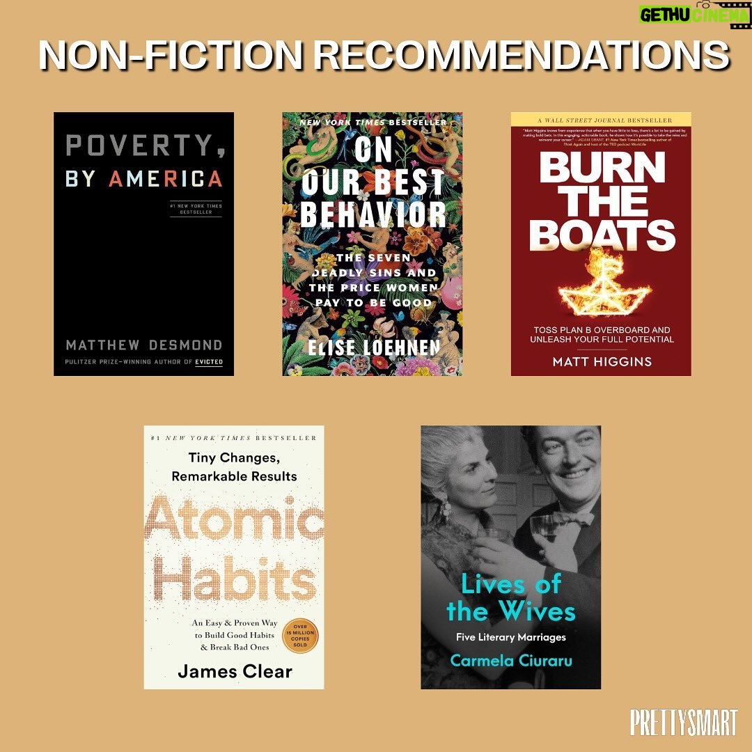 Danielle Robay Instagram - From the 2023 vault: @beprettysmart guests + @daniellerobay favorites of the year 📚 NON - FICTION: 1. Poverty, By America by Matthew Desmond 2. On Our Best Behavior: The Seven Deadly Sins and the Price Women Pay to Be Good by @eliseloehnen 3. Burn the Boats: Toss Plan B Overboard and Unleash Your Full Potential by @mhiggins 4. Under the Eye of Power: How Fear of Secret Societies Shapes American Democracy by Colin Dickey 5. Atomic Habits: An Easy & Proven Way to Build Good Habits & Break Bad Ones by @jamesclear 6. Lives of the Wives: Five Literary Marriages by Carmela Ciuraru 7. The Art Thief: A True Story of Love, Crime, and a Dangerous Obsession by @mike_finkel 8. Built From the Fire: The Epic Story of Tulsa’s Greenwood District, America’s Black Wall Street by @vluck89 9. A Fever in the Heartland: The Ku Klux Klan’s Plot to Take Over America, and the Woman Who Stopped Them by Timothy Egan 10. Invisible Women: Data Bias in a World Designed for Men by @ccriadoperez FICTION: 1. Table for Two by @jasminepics 2. The Last Summer on State Street by @toyawolves 3. Carrie Soto is Back by @tjenkinsreid 4. Yellowface by @kuangrf 5. Honor by @thrity_umrigar @beprettysmart GUEST PICKS: 1. More Myself by @aliciakeys | @kellyrowland and @authoressjess 2. All About Love by @bellhooks_ | @aurorajames 3. Backlash: The Undeclared War Against Women by Susan Faludi | @jessicabennett 4. The Body Keeps the Score: Brain, Mind, and Body in the Healing of Trauma by @bessel_van | @sami 5. My Human Design by @jennazoe | @cleowade 6. I am Not Myself These Days by Josh Kilmer-Purcell | @evanrosskatz 7. Magic of Tidying Up @mariekondo | @vashtie 8. Fierce Attachment by Vivian Gornick | @matkahn 9. Big Magic: Creative Living Behind Fear by @elizabeth_gilbert_writer | @vanessaandxander 10. Shrills: Notes for Loud Women by @thelindywest | @taylorlorenz