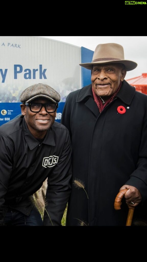 David Harewood Instagram - A serendipitous moment indeed! Our lead actor @davidharewood starring as Mr. Denham Jolly celebrates the auspicious occasion of the naming of “Jolly Way Park” in Toronto with the incredible Mr. Jolly himself! #intheblackfilm #itb #denhamjolly #thejollyway