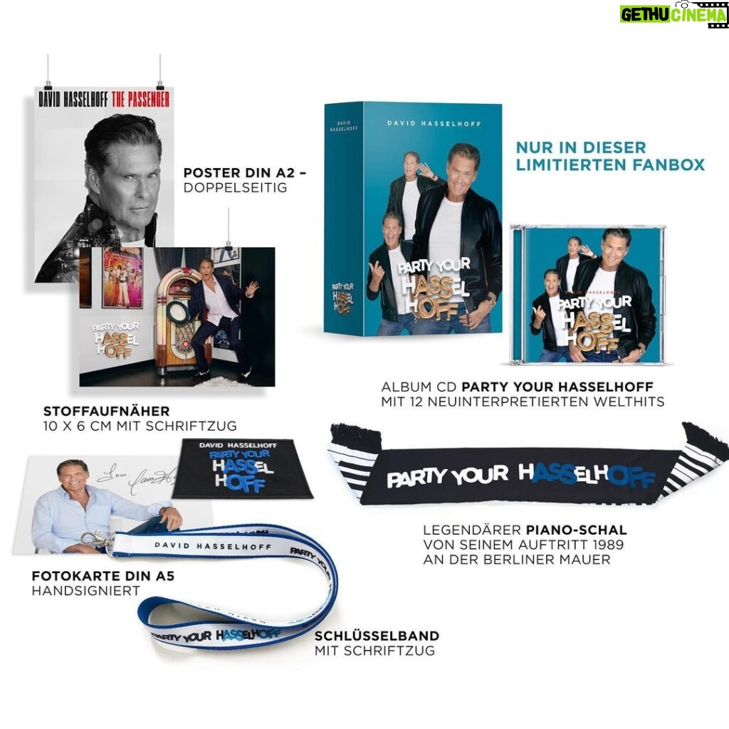 David Hasselhoff Instagram - What's in the Hoff Fanbox you might ask? Well, plenty of great stuff for you, including a signed photograph by yours truly, a poster, exclusive patches, a lanyard keychain and my iconic piano scarf from 1989. Yes, this one! All together in one box along with the new album "Party Your Hasselhoff". Preorder it now via the link on my page. Link in bio! @schubertmusicofficial @restless.records @the_orchard_ @abglanzentertainment #partyyourhasselhoff #davidhasselhoff #thehoff #thepassenger