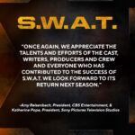 David Lim Instagram – Live to fight another day. The resilience of this show and our fans was on full display this past weekend. Getting cancelled on Friday and un-cancelled on Monday brought a whirlwind of emotions for all of us, as we’ve poured our hearts and souls into #SWAT for six amazing seasons. Even after the news of cancellation, it didn’t feel like it was over just yet. 

Thank you @sptv @cbstv and the entire @swatcbs fam for letting us give the show and our characters a proper send-off. And shout out to our fearless leader @shemarfmoore for always fighting for what’s right. 

SWAT. SEASON 7. THE LAST DANCE. LET’S GO!!! 🖐🏽✌🏽💥