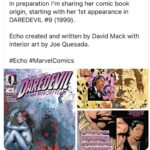 David Mack Instagram - I love that MARVEL is using the sign language of her name ECHO the way i did in the comics. Thanks for supporting my work! & for the great response to ECHO! My creation of ECHO on Disney+ Jan9 Maya Lopez AKA Echo, Played by the spectacular @alaquacox ! @vincentdonofrio & #CharlieCox also return as #WilsonFisk & #Daredevil & are legendary! It's so great to see these 3 characters in the same story on the screen as I wrote them all in my first Daredevil story together. It's incredibly moving to see the care & effort & thought put into this. To see what it is becoming after all these years. A big thanks to all involved. Video of my work here: https://vimeo.com/871158301 (Link in BIO) You can find new art & prints of my work available at @KirbysComicArt LINK in BIO With some new things timed for ECHO release early next week!