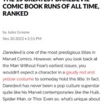 David Mack Instagram - #1 Of GREATEST DAREDEVIL RUNS of ALL TIME?! Did I somehow appear in the #1 spot? With @BrianMBendis? Crazy. But big props to my dear friend Brian Bendis for us being able to collaborate on a story that is worthy of our friendship. & Props to my favorite runs of @frankmillerofficial / @kjansonnyc & Miller/Mazzuchelli. & Thanks to Quesada & Palmiotti for their work & for hiring me to write Daredevil. Please make sure to order THE MARVEL ART OF DAVID MACK @clover_press for a collection of my #Daredevil covers & interior work & more! The 10 Greatest Daredevil Comic Book Runs of All Time, Ranked I'm a guest at @fanexposf San Francisco #Thanksgiving weekend! #SanFrancisco Fri-Sun #MusconeCenter Nov. 24-26 *Signing in JAPAN Dec at @BraveAndBold & @TokyoComicCon *Signing in #Hawaii Jan 6 & 7 at @HawaiiPopCon I will have a LIMITED amount of books at my table! & Prints & ORIGINAL ART! PRINTS! #princessmononoke 🤩 & Original Art at @KirbysComicArt (LINK in my BIO!) Thank you so much for the #Birthday wishes! & kind & thoughtful messages! If you haven't heard, the character ECHO I created when I was writing #Daredevil, has her own show! Played by #AlaquaCox @AlaquaCox with #Vincentdonofrio @VincentDonofrio My creation of MARVEL Studios #ECHO JANUARY on Disney+ Thanks all of you who have supported my books & work over the years! Thanks for the AMAZING orders on THE MARVEL ART OF DAVID MACK book! 200 + pages of my art at MARVEL! Include ECHO, Daredevil, my art on the Winter Soldier Film Titles, Jessica Jones opening titles & more! Can still order it at LINK in my BIO @clover_press Can you believe it's 25 years since I first created ECHO on my first work at MARVEL as WRITER for #Daredevil? And 30 years since my first KABUKI story! (Which is what got me the offer to start writing Daredevil at Marvel. All my KABUKI books at @DarkHorseComics. Including our creator-owned series called COVER with @brianmbendis , inspired by my overseas work for the US State Dept. Updates on KABUKI soon! My ART & PRINTS @KirbysComicArt LINK in my BIO