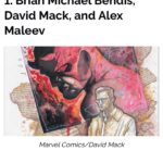 David Mack Instagram - #1 Of GREATEST DAREDEVIL RUNS of ALL TIME?! Did I somehow appear in the #1 spot? With @BrianMBendis? Crazy. But big props to my dear friend Brian Bendis for us being able to collaborate on a story that is worthy of our friendship. & Props to my favorite runs of @frankmillerofficial / @kjansonnyc & Miller/Mazzuchelli. & Thanks to Quesada & Palmiotti for their work & for hiring me to write Daredevil. Please make sure to order THE MARVEL ART OF DAVID MACK @clover_press for a collection of my #Daredevil covers & interior work & more! The 10 Greatest Daredevil Comic Book Runs of All Time, Ranked I'm a guest at @fanexposf San Francisco #Thanksgiving weekend! #SanFrancisco Fri-Sun #MusconeCenter Nov. 24-26 *Signing in JAPAN Dec at @BraveAndBold & @TokyoComicCon *Signing in #Hawaii Jan 6 & 7 at @HawaiiPopCon I will have a LIMITED amount of books at my table! & Prints & ORIGINAL ART! PRINTS! #princessmononoke 🤩 & Original Art at @KirbysComicArt (LINK in my BIO!) Thank you so much for the #Birthday wishes! & kind & thoughtful messages! If you haven't heard, the character ECHO I created when I was writing #Daredevil, has her own show! Played by #AlaquaCox @AlaquaCox with #Vincentdonofrio @VincentDonofrio My creation of MARVEL Studios #ECHO JANUARY on Disney+ Thanks all of you who have supported my books & work over the years! Thanks for the AMAZING orders on THE MARVEL ART OF DAVID MACK book! 200 + pages of my art at MARVEL! Include ECHO, Daredevil, my art on the Winter Soldier Film Titles, Jessica Jones opening titles & more! Can still order it at LINK in my BIO @clover_press Can you believe it's 25 years since I first created ECHO on my first work at MARVEL as WRITER for #Daredevil? And 30 years since my first KABUKI story! (Which is what got me the offer to start writing Daredevil at Marvel. All my KABUKI books at @DarkHorseComics. Including our creator-owned series called COVER with @brianmbendis , inspired by my overseas work for the US State Dept. Updates on KABUKI soon! My ART & PRINTS @KirbysComicArt LINK in my BIO