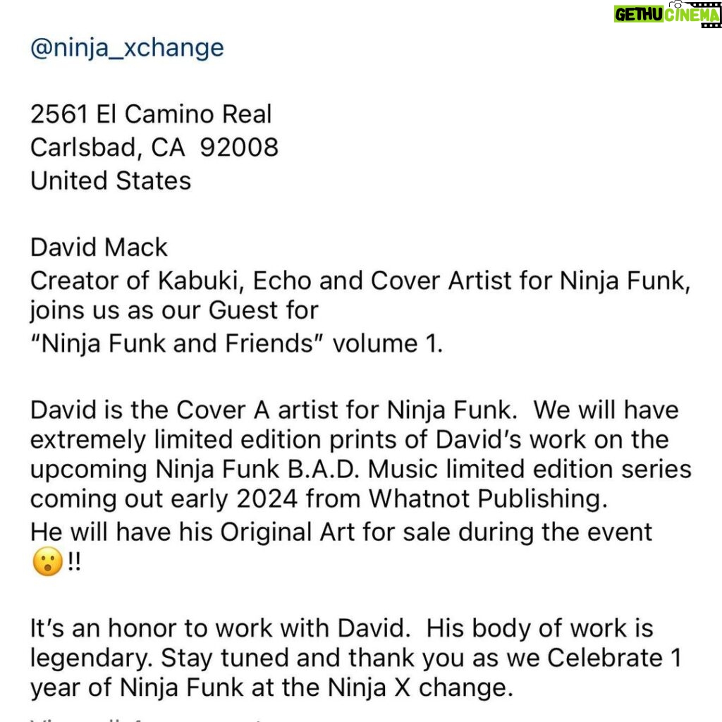 David Mack Instagram - New @ninjafunk "DD-Echo Homage" cover revealed as PRINT at @Ninja_Xchange SIGNING! With David Mack @jimlee @JohnDolmayan @whatnotcomics @thatspidermanbooth @lazerwolfsteve "They asked me to make the new NINJA FUNK cover an homage to my #Daredevil #9 first #Echo cover" (It's the reveal of the new character "Kairi Wolf" modeled by @comickairi ) Available as a print ONLY at the Signing here: November 18-19th 12pm @ninja_xchange near #SanDiego / LA 2561 El Camino Real Carlsbad, CA 92008 United States David Mack Creator of Kabuki, Echo and Cover Artist for Ninja Funk, joins us as our Guest for “Ninja Funk and Friends” volume 1. David is the Cover A artist for Ninja Funk. We will have extremely limited edition prints of David’s work on the upcoming Ninja Funk B.A.D. Music limited edition series coming out early 2024 from Whatnot Publishing. He will have his Original Art for sale during the event 😮!! It’s an honor to work with David. His body of work is legendary. Stay tuned and thank you as we Celebrate 1 year of Ninja Funk at the Ninja X change. "1 Year of my covers with #NinjaFunk with many more covers to reveal! & More CATS! "