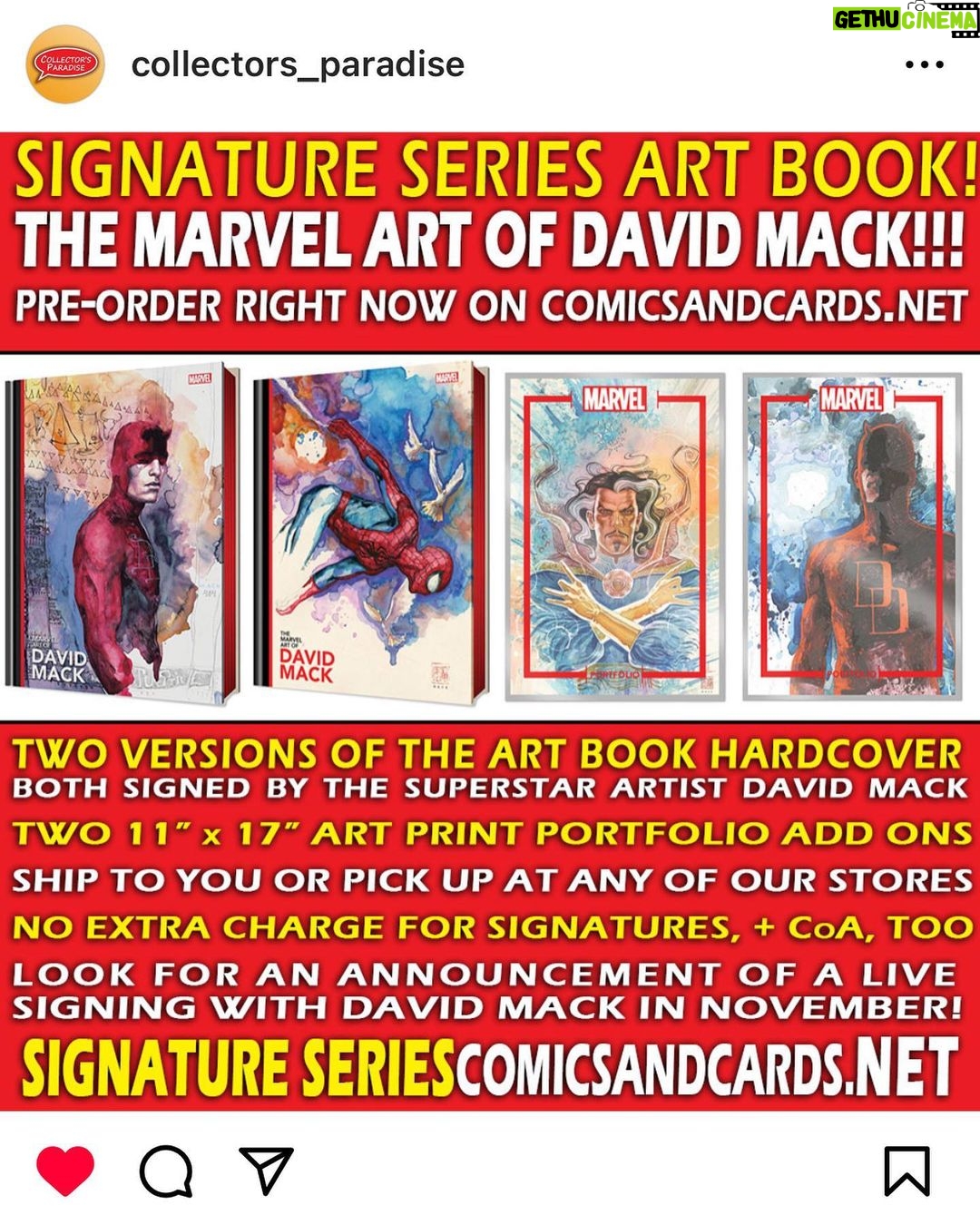 David Mack Instagram - It's #FreddieMercury #Birthday! My prints of #Mercury at @gallerynucleus here: https://www.gallerynucleus.com/artists/david_mack?category=prints & you can order my cover to the new #Freddie #GraphicNovel. @z2comics Thanks for the incredible love at @dragoncon ATLANTA! A record-breaking show! I will be SIGNING at: @baltimorecomiccon ! THIS WEEK! @RoseCityCC! PORTLAND @nycomiccon NEW YORK #SanFrancisco Expo! SF BAY AREA @collectors_paradise @braveandboldart TOKYO JAPAN @TokyoComicCon #Japan! Thanks for the incredible orders on THE MARVEL ART OF DAVID MACK book! Can still order it at LINK in my BIO @clover_press Find prints & originals of my work at @KirbysComicArt & if you want CGC signings of my work but can't make it to a convention, @cgcsignatureseries is offering my Signature & REMARQUES on books now through Sept 29. @cgccomics My creation of MARVEL Studios #ECHO JANUARY on Disney+ Thanks all of you who have supported my books & work over the years! Can you believe it's 25 years since I first created ECHO on my first work at MARVEL as WRITER for #Daredevil? And 30 years since my first KABUKI story! (Which is what got me the offer to start writing Daredevil at Marvel. All my KABUKI books at @DarkHorseComics. Including our creator-owned series called COVER with @brianmbendis , inspired by my overseas work for the US State Dept. Updates on KABUKI soon!