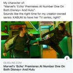 David Mack Instagram - My character of: "Marvel’s ‘Echo’ Premieres At Number One On Both Disney+ And Hulu". Sounds like the right time for my creator-owned series: KABUKI to have her TV series, right? ⚡️ ⚡️ & our creator-owned series called: COVER from @BrianMBendis & I... inspired by my overseas work for the US State Dept... To all those supporting my work... where did you discover my work? Kabuki? Daredevil? Cover? Jessica Jones? My work with Neil Gaiman? At the ECHO premiere with the cast & creators. Legendary @VincentDOnofrio graciously telling the press that I created Echo & helped with his Kingpin performance on #Daredevil. Wonderful to view the Echo series with my co-creator & collaborators on that first story, @JoeQuesada, & @JimmyPalmiotti, (who also hired me to write Daredevil back then- 25 years ago, & on) & editor Nanci Q, @AmandaConner, & @ComicKairi, who filmed this moment & so many other photos & videos I will share with you here. A heartfelt thank you to the cast & creators of the ECHO @Disney+ series, @AlaquaCox @sydneyfreeland @mariondayre @zahnmcclarnon @shoshannah7 & all that I met & have yet to meet, for putting such heartfelt effort & thoughtfulness into this story & character & world. It's a moving experiences for me to see the ECHO story come to life after all these year, & after so much invested in the character & stories that come from a very personal place. It was incredible to see so many people dressed as ECHO at the premiere, & so wonderful to see the character embraced by the Deaf community & the Indigenous community. I taught at the School for the Deaf in Africa, Asia, & Europe, in my work for the US State Dept, and the students love Echo all around the world. And now to see Echo embraced so personally here is so moving. I hope all of you enjoy the show today.