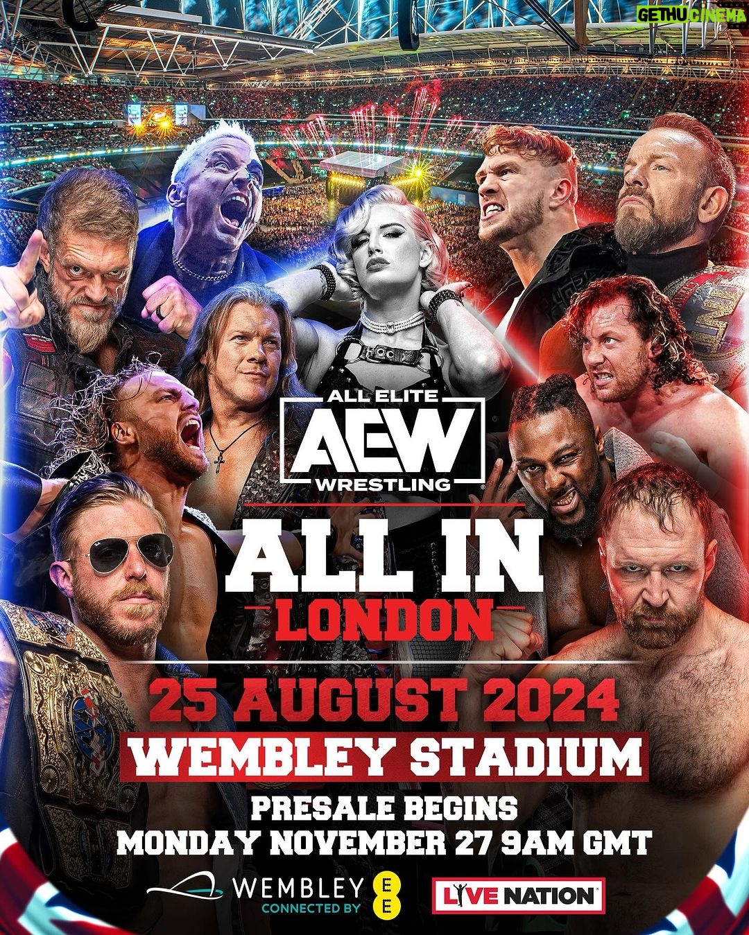 David Michael Harwood Instagram - We made history in London this year. Let’s do it again with #AEWAllIn. If you preregistered or are an AEW VIP, look for an email with a unique code to buy tix TOMORROW, 11/27 before everyone else. General on sale is Friday 12/1 @ 9A GMT. Be part of history @wembleystadium. For tix visit ticketmaster.co.uk