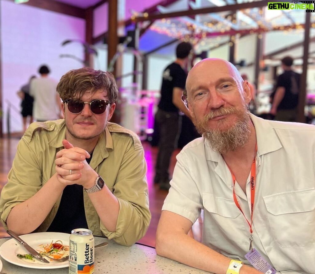 David Thewlis Instagram - James and Jay from @yardactband seemed more than happy with the meal I cooked for them using only ingredients I found on the floor of their tour bus. Nicely washed down with a tin of I Cant Believe it’s Not Better Beer. Thanks to all the beautiful people at @lanewayfest for a very memorable day and night. I should never have let @finneas shave my head though. I’ll be in trouble at work. Sydney, Australia