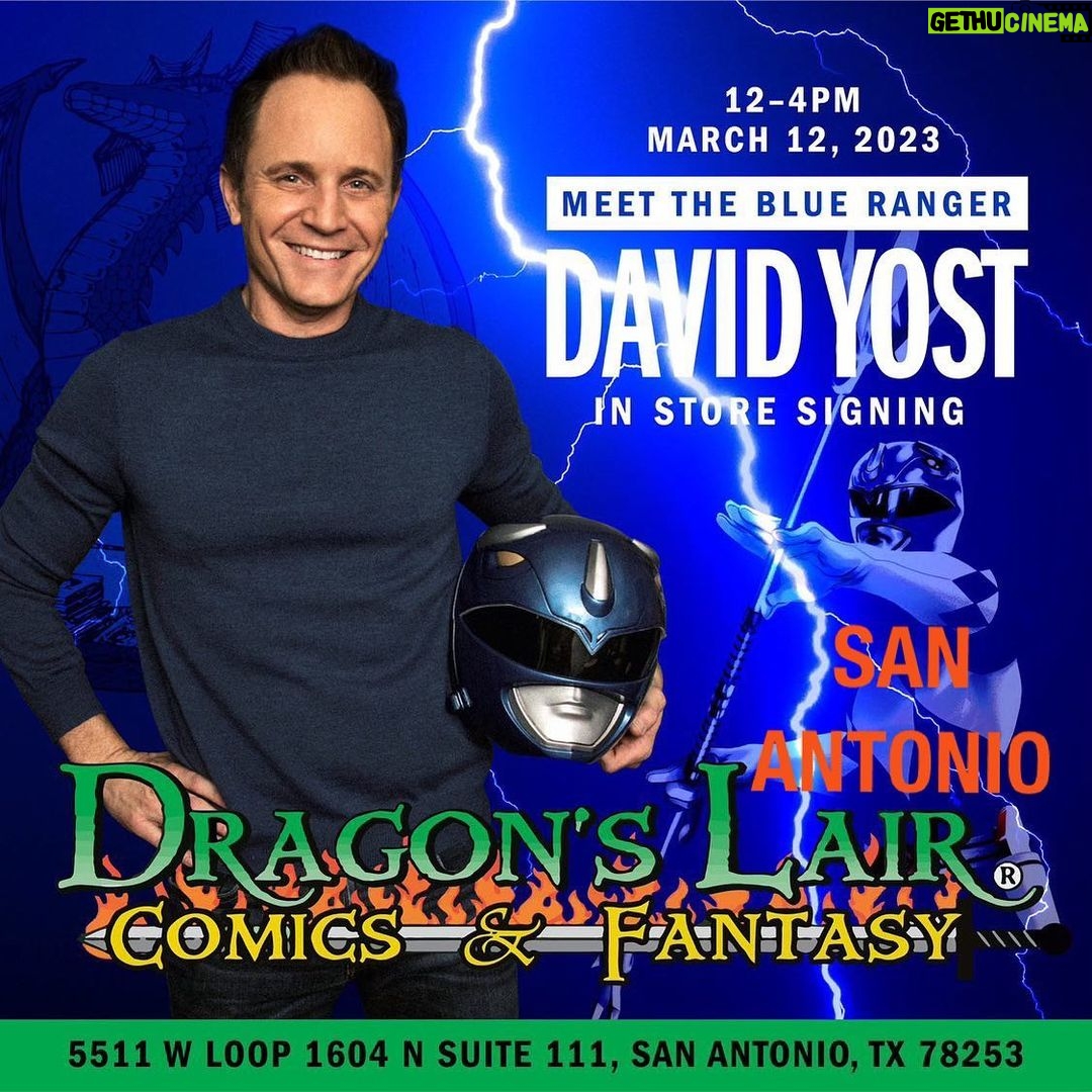David Yost Instagram - SAN ANTONIO, TX - Next SUNDAY I’ll be doing an in-store signing at @dlairalamoranch (March 12th) from 12-4PM! Come check it out & say Hi! #affirmative #affirmyourself #powerrangers #blueranger Dragon's Lair at Alamo Ranch