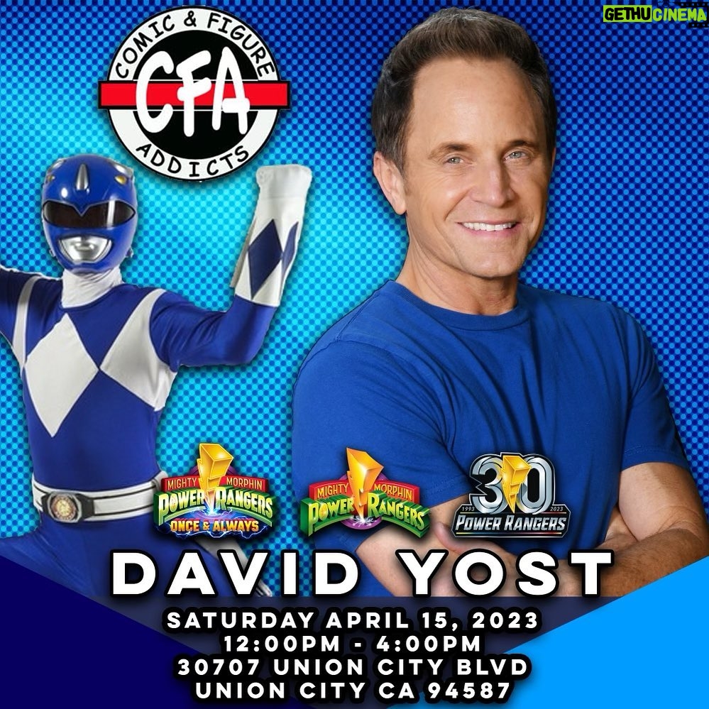David Yost Instagram - SAN FRANCISCO BAY AREA - I’m happy to announce that I’ll be appearing/signing at @cfaddicts in Union City on April 15th from 12-4 PM! Please come say Hi! #affirmative #affirmyourself #powerrangers #blueranger