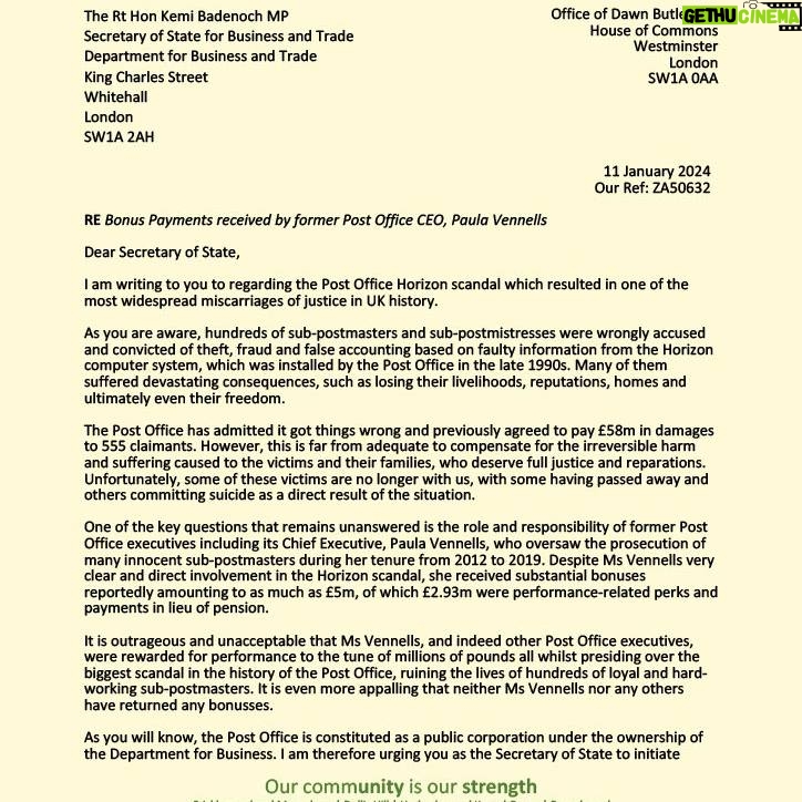 Dawn Butler Instagram - I've written to the Government along with @KateOsborneMP about bonuses to Post Office executives, funded by taxpayers money. It is disgraceful and the Government must recover millions given to executives, including CEO Paula Vennells. My letter #PostOfficeScandal