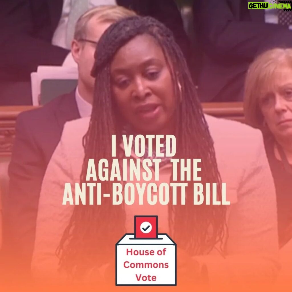 Dawn Butler Instagram - I've had hundreds of emails about the Anti-Boycott Bill. I have been clear throughout and have opposed the Bill at every stage. I voted against it again last night. This Bill would have prevented the boycott which ended the apartheid in South Africa.